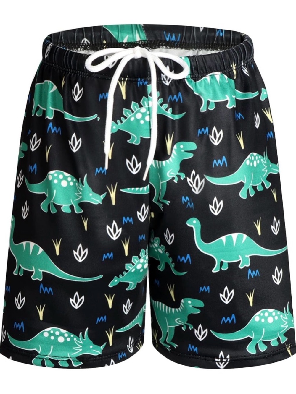 Kids Black Swim Trunks with Green Dinosaur Print